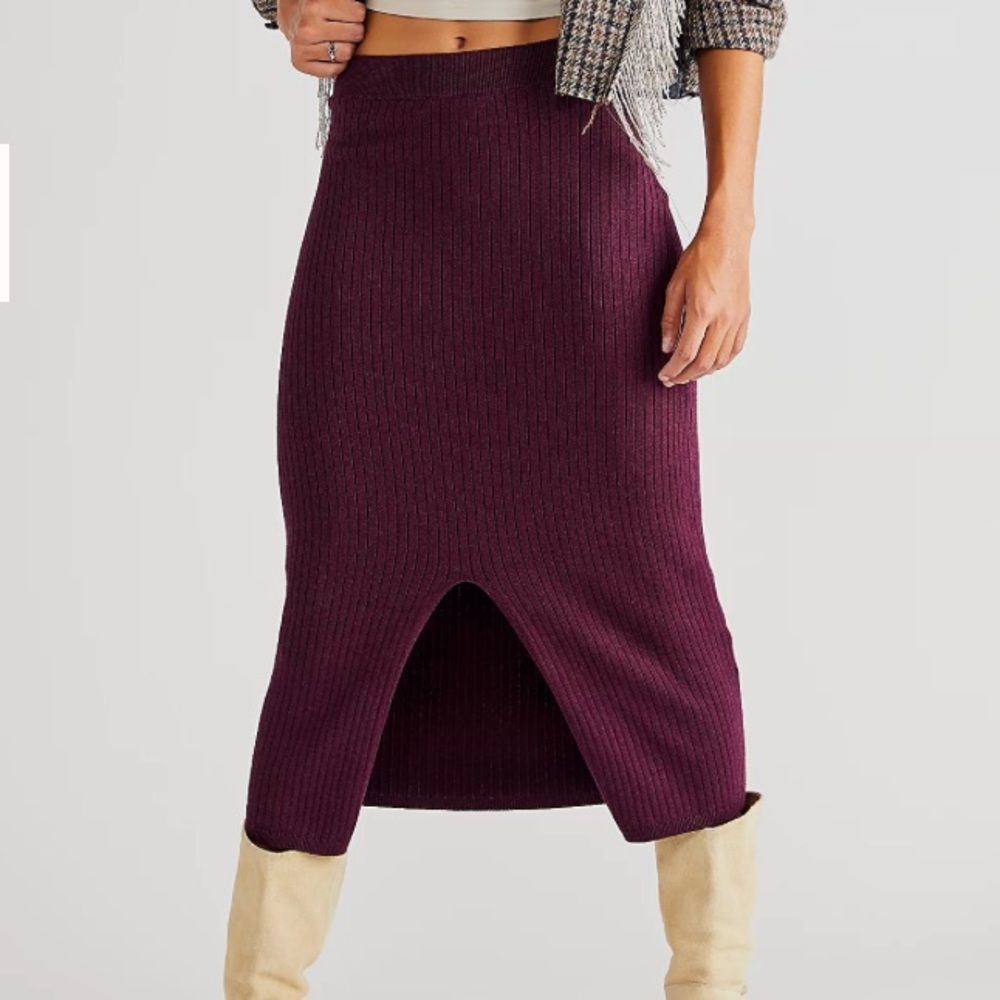 Free People Knit Bodycon Skirt Pencil Skirt Plum Burgundy Slit Bottom Hem